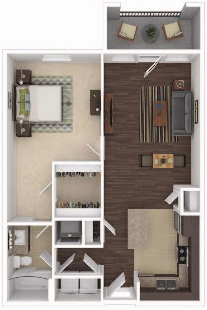 Floor plan for 1 bed, 1 bath, 745 sqft