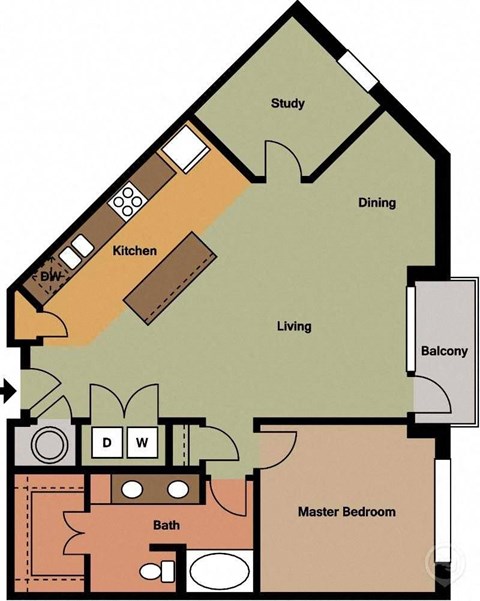 Floor plan for 1 bed, 1 bath, 1041 sqft