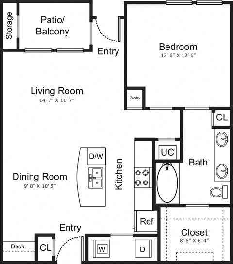 Floor plan for 1 bed, 1 bath
