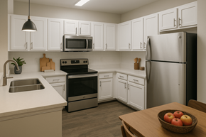 Denver apartment for rent - A kitchen with white cabinets and a stainless steel refrigerator.
