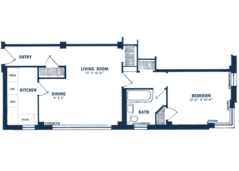 Floor plan for 1 bed, 1 bath, 635 sqft