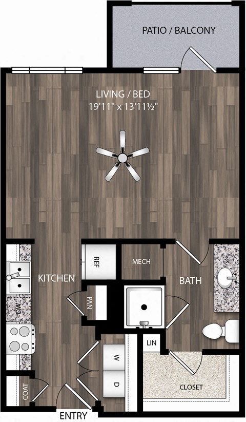 Floor plan for studio, 1 bath, 601 sqft