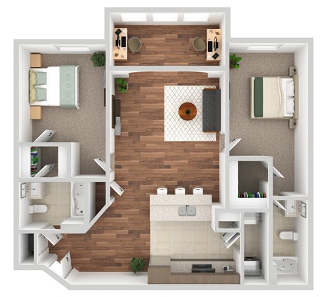 Floor plan for 2 beds, 2 baths, 1142 sqft