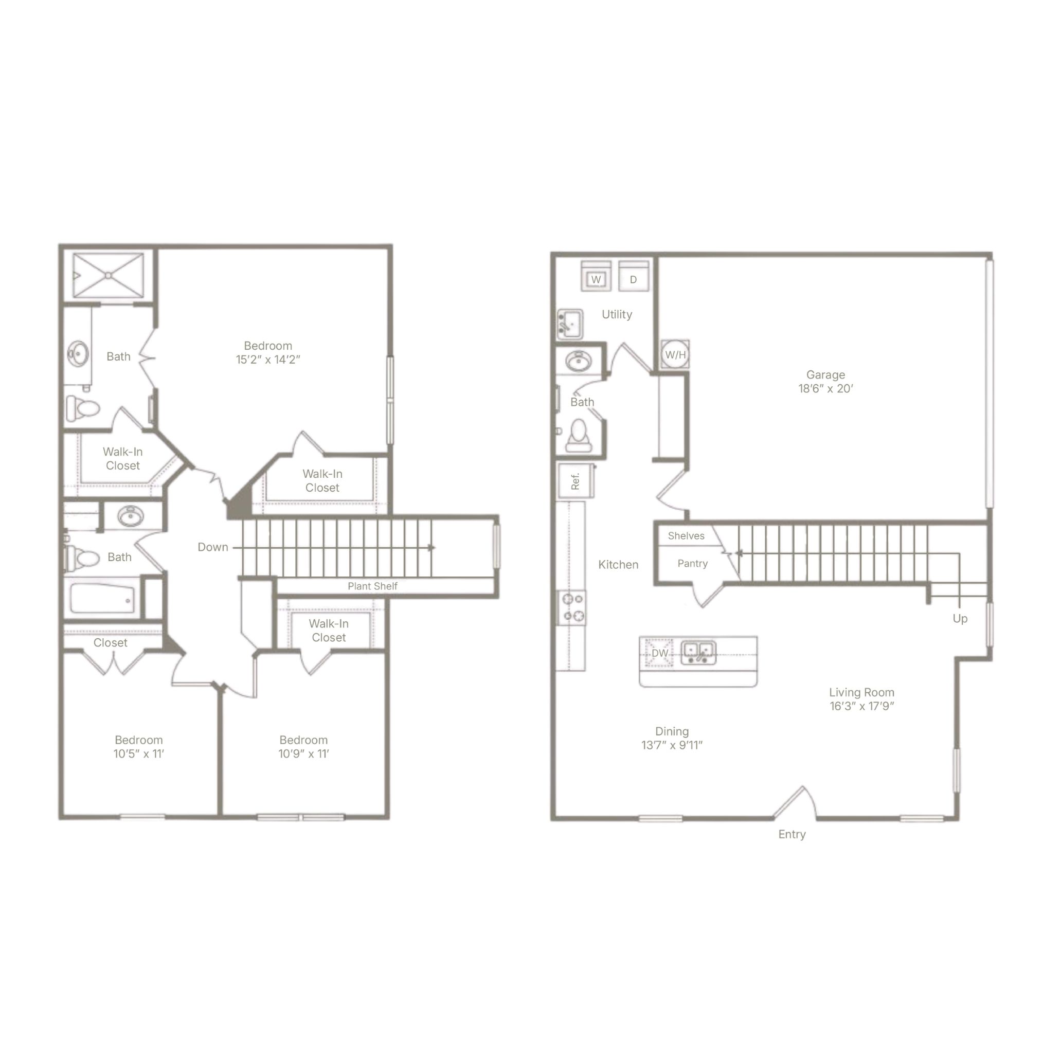 Floor plan for 3 beds, 2.5 baths, 1633 sqft