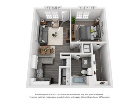 Floor plan for 1 bed, 1 bath, 623 sqft