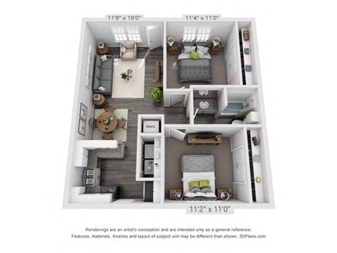 Floor plan for 2 beds, 1 bath, 810 sqft