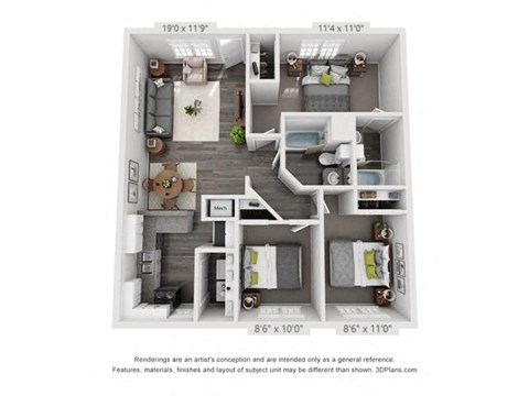 Floor plan for 3 beds, 2 baths, 980 sqft
