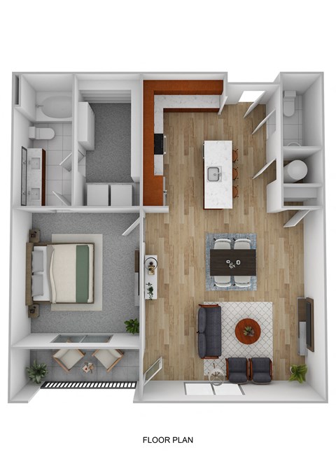 Floor plan for 1 bed, 1.5 baths, 909 sqft