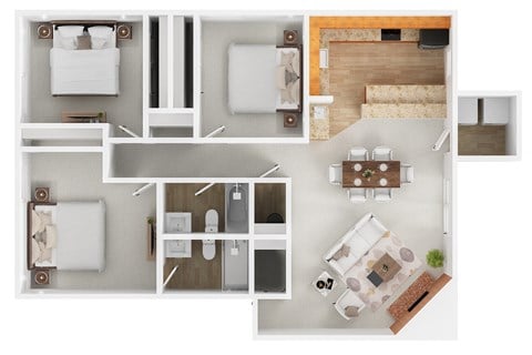 Floor plan for 3 beds, 2 baths, 1235 sqft