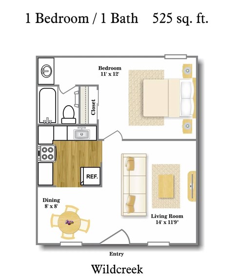 Floor plan for 1 bed, 1 bath, 525 sqft