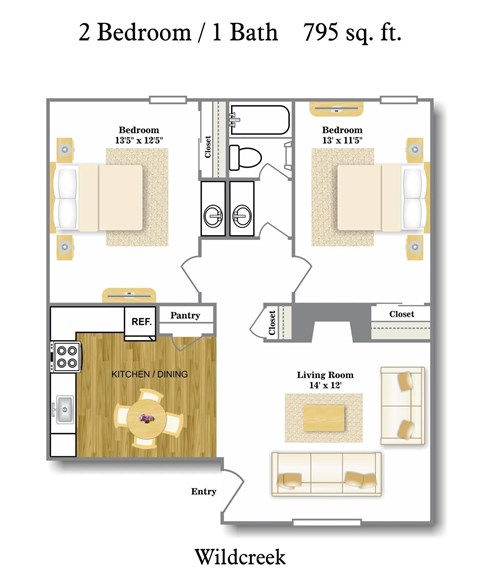 Floor plan for 2 beds, 1 bath, 795 sqft