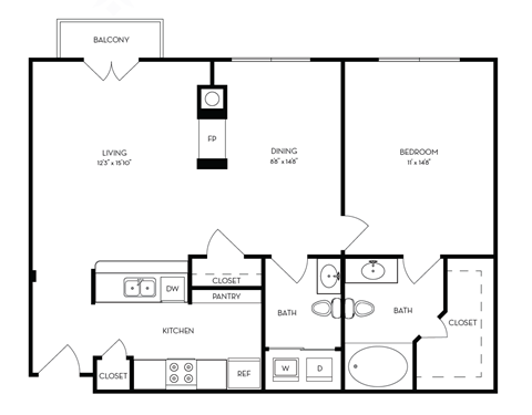 Floor plan for 1 bed, 1 bath, 891 sqft