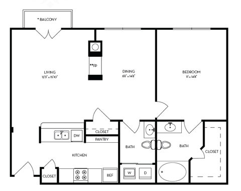 Floor plan for 1 bed, 1 bath, 891 sqft