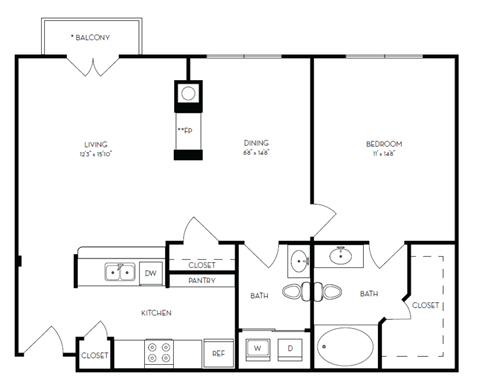 Floor plan for 1 bed, 1 bath, 878 sqft