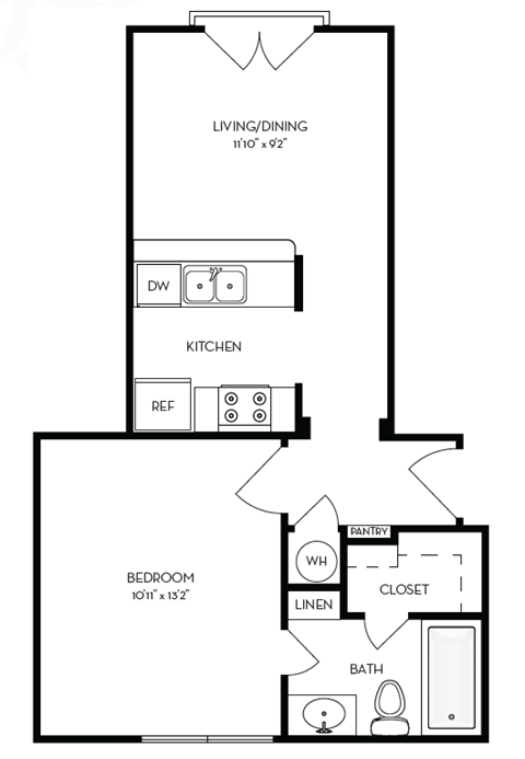 Floor plan for 1 bed, 1 bath, 503 sqft