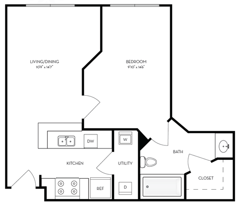 Floor plan for 1 bed, 1 bath, 536 sqft