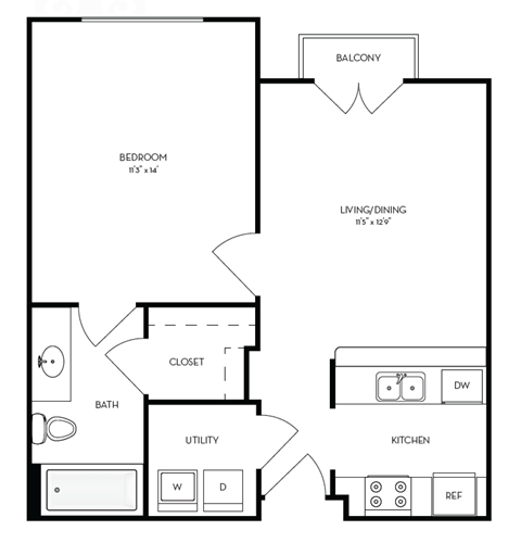 Floor plan for 1 bed, 1 bath, 561 sqft
