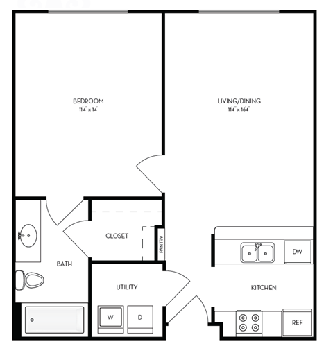 Floor plan for 1 bed, 1 bath, 563 sqft