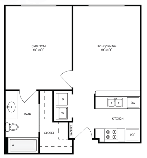 Floor plan for 1 bed, 1 bath, 579 sqft