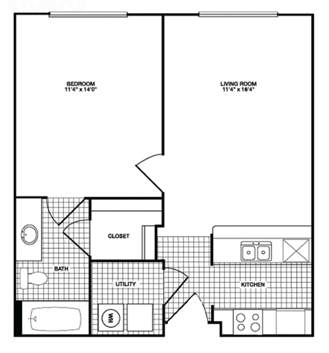 Floor plan for 1 bed, 1 bath, 603 sqft
