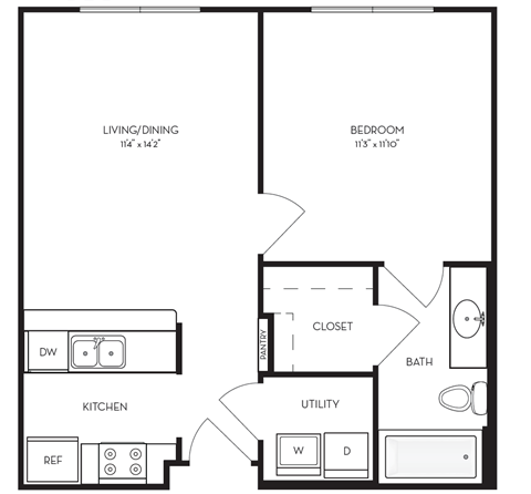 Floor plan for 1 bed, 1 bath, 555 sqft