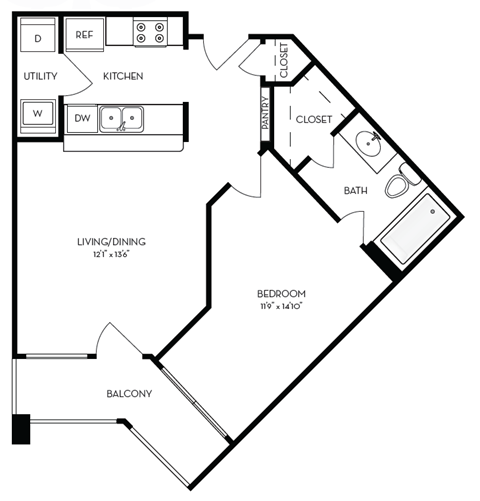 Floor plan for 1 bed, 1 bath, 559 sqft