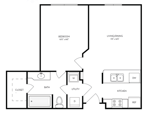 Floor plan for 1 bed, 1 bath, 606 sqft