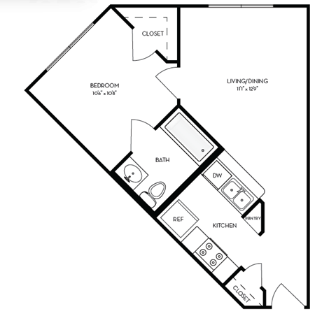 Floor plan for 1 bed, 1 bath, 484 sqft