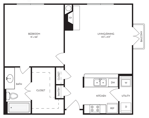Floor plan for 1 bed, 1 bath, 739 sqft
