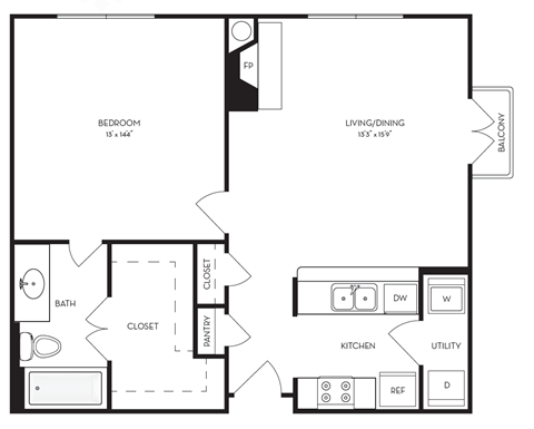Floor plan for 1 bed, 1 bath, 790 sqft