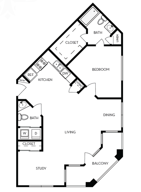 Floor plan for 1 bed, 1 bath, 824 sqft