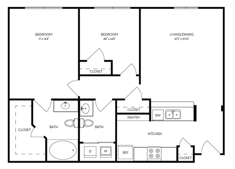 Floor plan for 2 beds, 2 baths, 891 sqft