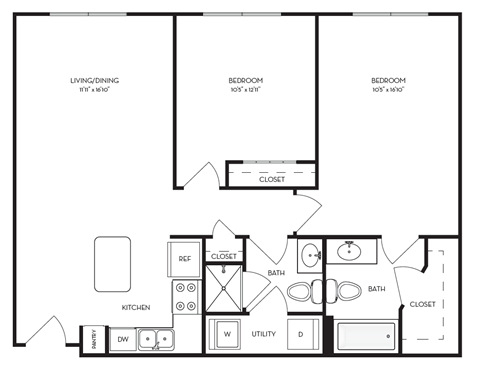 Floor plan for 2 beds, 2 baths, 911 sqft
