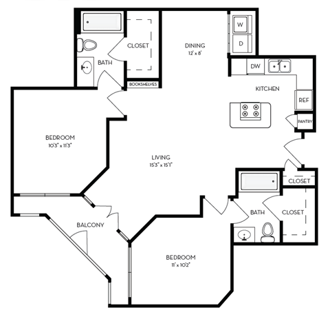 Floor plan for 2 beds, 2 baths, 947 sqft