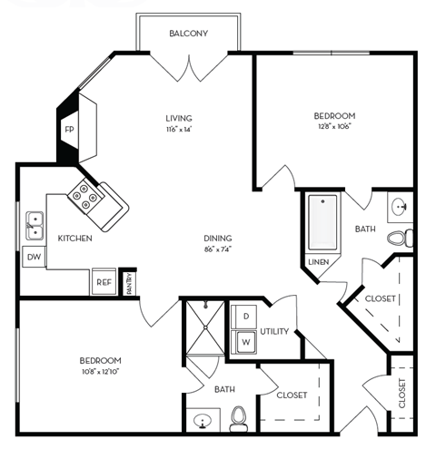 Floor plan for 2 beds, 2 baths, 967 sqft