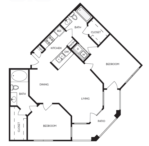 Floor plan for 2 beds, 2 baths, 957 sqft