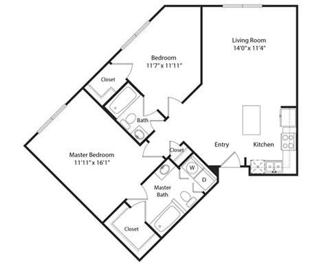 Floor plan for 2 beds, 2 baths, 991 sqft