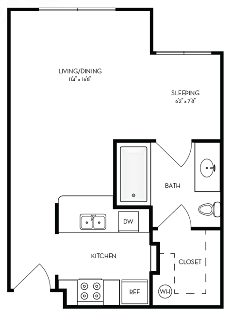 Floor plan for studio, 1 bath, 436 sqft