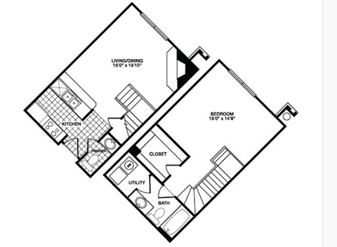 Floor plan for 1 bed, 1 bath, 802 sqft