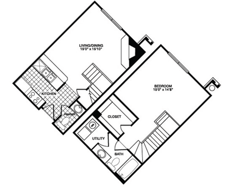 Floor plan for 1 bed, 1 bath, 808 sqft