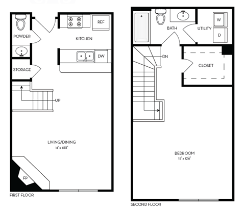 Floor plan for 1 bed, 1 bath, 894 sqft