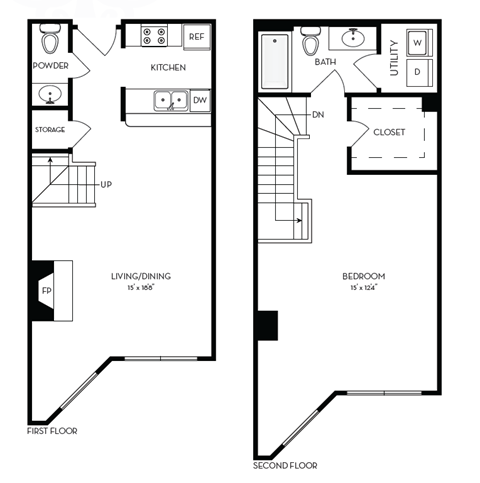 Floor plan for 1 bed, 1 bath, 958 sqft