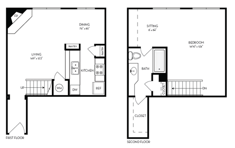 Floor plan for 1 bed, 1 bath, 868 sqft