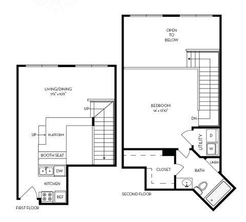 Floor plan for 1 bed, 1 bath, 965 sqft