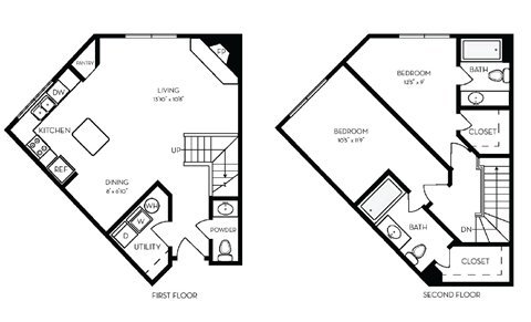 Floor plan for 1 bed, 1 bath, 923 sqft