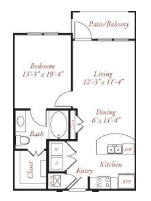 Floor plan for 1 bed, 1 bath, 634 sqft