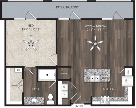 Floor plan for 1 bed, 1 bath, 881 sqft