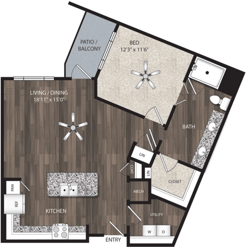 Floor plan for 1 bed, 1 bath, 911 sqft