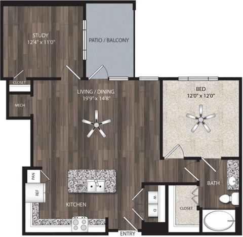 Floor plan for 1 bed, 1 bath, 995 sqft