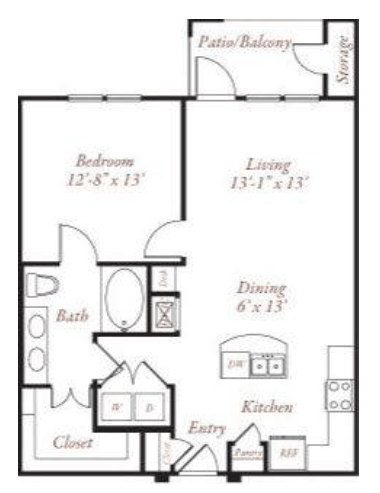 Floor plan for 1 bed, 1 bath, 801 sqft